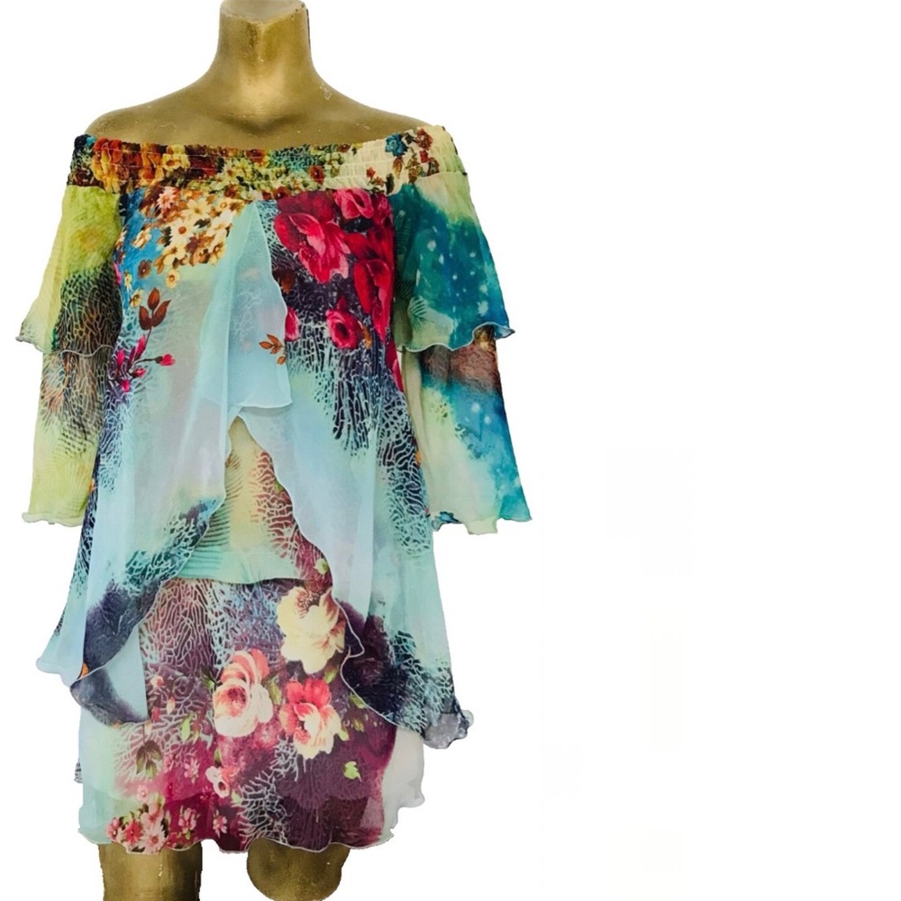 TUCCI Vintage Floral Chiffon OFF SHOULDER  Tunic Top / MINI DRESS S